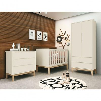 Jogo De Quarto Para Bebê Completo 2 Portas Classic New Areia Fosco Com Natural - Moveisaqui