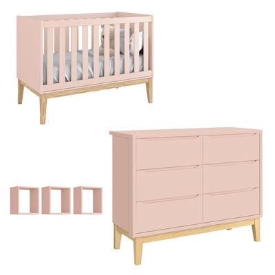 Jogo De Quarto Para Bebê Classic New Rosa Fosco Com Natural - Reller