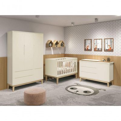 Jogo De Quarto Para Bebê Completo 3 Portas Classic New Areia Fosco Com Natural - Moveisaqui