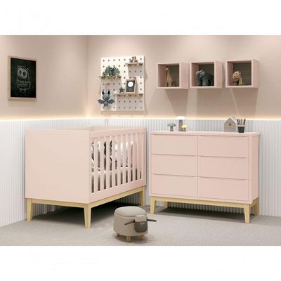 Jogo De Quarto Para Bebê Classic New Rosa Fosco Com Natural - Moveisaqui