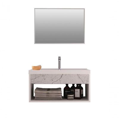 Gabinete Nicho Suspenso Com Espelheira Para Banheiro Com Lavatório Beta Branco Com Marmorizado Branco - Moveisaqui