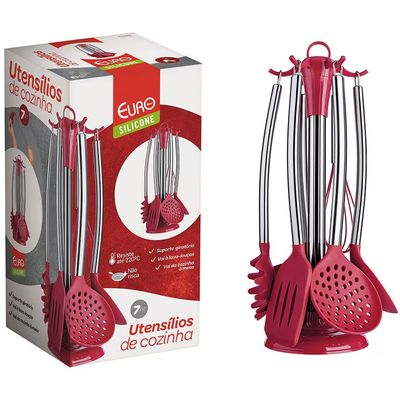 Conjunto de Utensílios de Cozinha em Silicone com 7 Peças Euro Home Vermelho