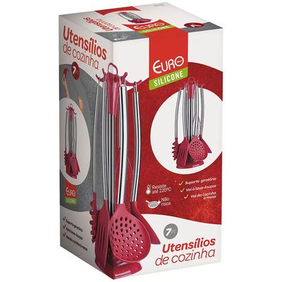 Conjunto de Utensílios de Cozinha em Silicone com 7 Peças Euro Home Vermelho