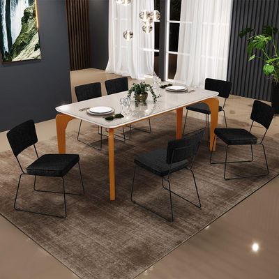 Mesa De Jantar Capri 160cm Off White Nature Com 6 Cadeiras Allana B05 Linho Chumbo - Lyam Decor