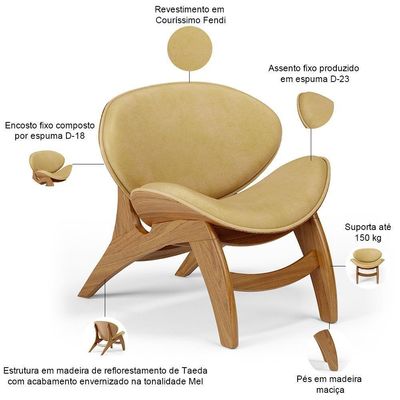 Kit 4 Poltronas Decorativa Orgânica Sala Living Kadosh L02 Couríssimo Fendi - Lyam Decor