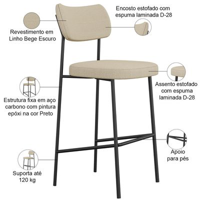 Kit 05 Banquetas Alta Bar Cozinha Sala De Jantar Preto Melina L02 Linho Bege Escuro - Lyam Decor