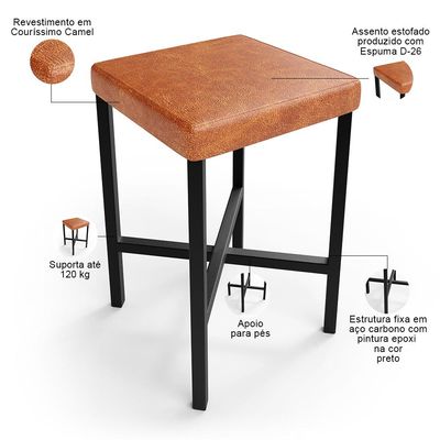 Kit 03 Banquetas Baixa Bar Cozinha Sala De Jantar Preto Stella L02 Couríssimo Camel - Lyam Decor