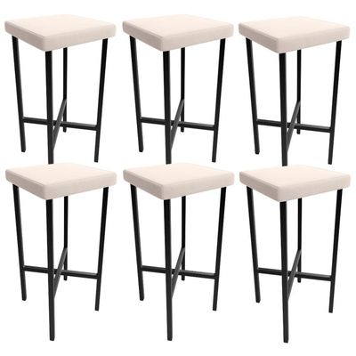 Kit 06 Banquetas Alta Bar Cozinha Sala De Jantar Preto Stella L02 Suede Bege - Lyam Decor
