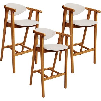 Kit 03 Banquetas Alta Para Cozinha Bancada Bar Sala de Jantar Fixa Cecília L02 Linho Cru - Lyam