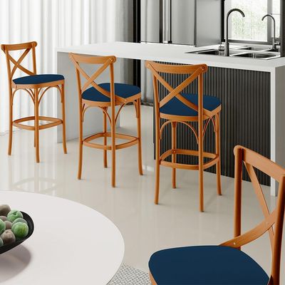 Kit 03 Banquetas Altas Cozinha Bancada Bar Sala Jantar Estofada Ávila L02 Suede Azul Marinho - Lyam