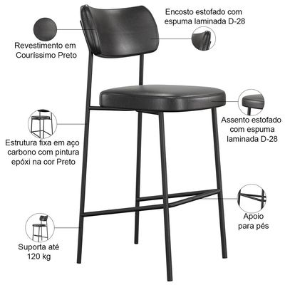 Banqueta Alta Bar Cozinha Sala De Jantar Preto Melina L02 Couríssimo Preto - Lyam Decor