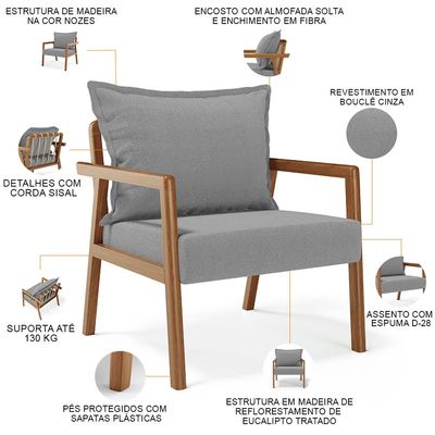 Poltrona Decorativa Para Sala de Estar e Living Alícia B04 Bouclê Cinza - Lyam Decor