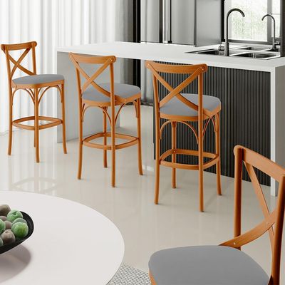 Kit 04 Banquetas Altas Cozinha Bancada Bar Sala de Jantar Estofada Ávila L02 Suede Cinza - Lyam