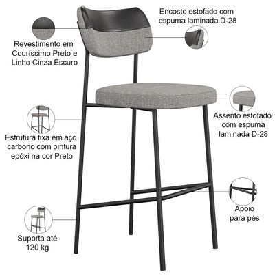 Kit 06 Banquetas Alta Bar Cozinha Sala Jantar Preto Melina L02 Couríssimo Preto Linho Cinza - Lyam Decor