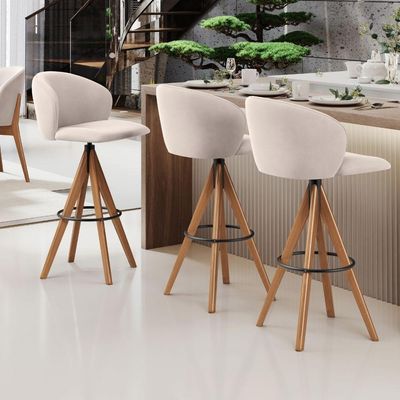 Kit 03 Banquetas Alta Bar Cozinha Sala de Jantar Bar Mia L02 Suede Bege - Lyam Decor