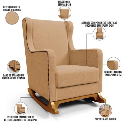 Poltrona de Amamentação com Balanço Mavie L02 Bouclê Mostarda - Lyam Decor