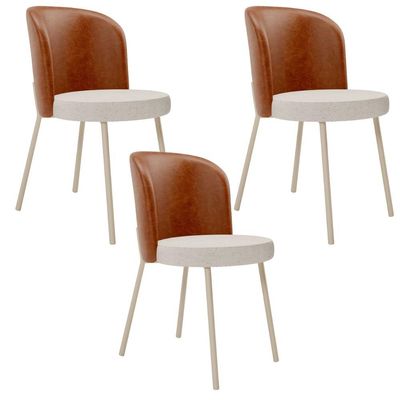 Kit 3 Cadeiras Sala de Jantar Estofada Gavi Arena L02 Couríssimo Camel Linho Cru - Lyam Decor