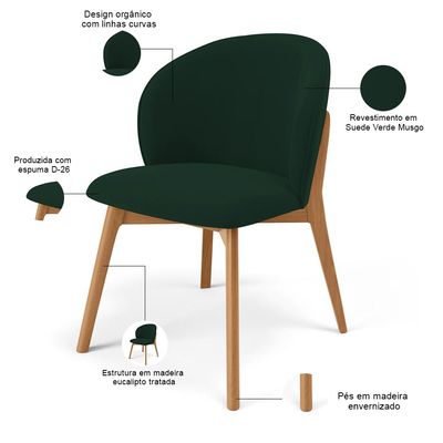 Kit 02 Cadeiras de Jantar e Estar Living Estofada Mia L02 Suede Verde Musgo - Lyam Decor