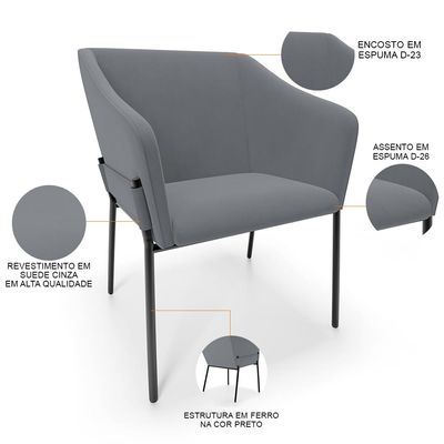 Kit 4 Cadeiras Para Sala de Jantar Estar Living Olívia L02 Suede Cinza - Lyam Decor
