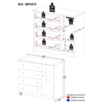 Cômoda Infantil 95cm 1 Porta Com Vidro E 4 Gavetas Sonho Multimóveis MP4474 Madeirado-off White