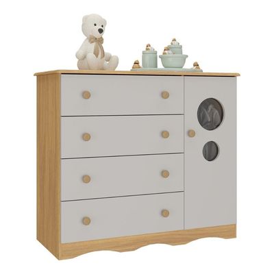 Cômoda Infantil 95cm 1 Porta Com Vidro E 4 Gavetas Sonho Multimóveis MP4474 Madeirado-off White