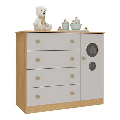 Cômoda Infantil 95cm 1 Porta Com Vidro E 4 Gavetas Pirulito Multimóveis MP4469 Madeirado-off White