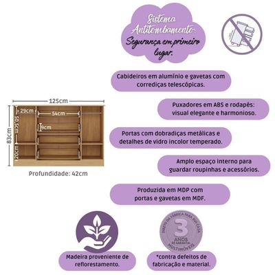 Cômoda Infantil 125cm 2 Portas Com Vidro E 4 Gavetas Pirulito Multimóveis MP4470 Madeirado