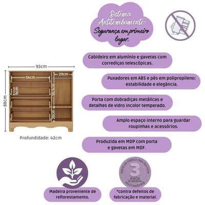 Cômoda Infantil 95cm 1 Porta Com Vidro E 4 Gavetas Suspiro Multimóveis MP4459 Madeirado