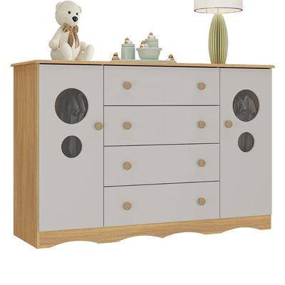 Cômoda Infantil 125cm 2 Portas Com Vidro E 4 Gavetas Sonho Multimóveis MP4475 Madeirado-off White