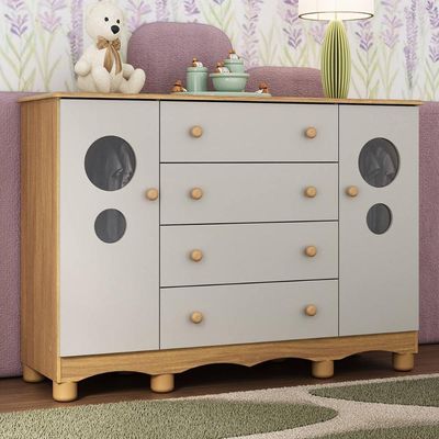 Cômoda Infantil 125cm 2 Portas Com Vidro E 4 Gavetas Suspiro Multimóveis MP4460 Madeirado-off White