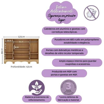 Cômoda Infantil 125cm 2 Portas Com Vidro E 4 Gavetas Suspiro Multimóveis MP4460 Madeirado-off White