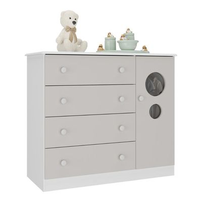 Cômoda Infantil 95cm 1 Porta Com Vidro E 4 Gavetas Pirulito Multimóveis MP4469 Branco-off White