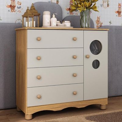 Cômoda Infantil 95cm 1 Porta Com Vidro E 4 Gavetas Suspiro Multimóveis MP4459 Madeirado-off White