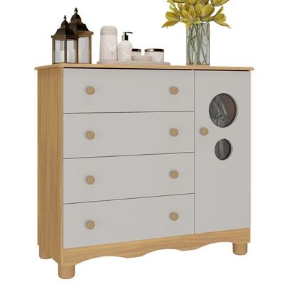 Cômoda Infantil 95cm 1 Porta Com Vidro E 4 Gavetas Suspiro Multimóveis MP4459 Madeirado-off White