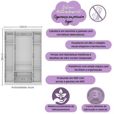 Guarda-roupa Infantil 122cm Com Vidro 4 Portas E 2 Gavetas Pirulito Multimóveis MP4468 Branco-madeirado