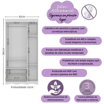 Guarda-roupa Infantil 92cm Com Vidro 3 Portas E 2 Gavetas Sonho Multimóveis MP4472 Branco-madeirado