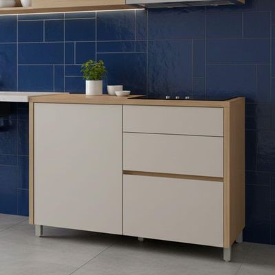 Balcão Gabinete De Cozinha 1,20m 1 Porta 3 Gavetas 100% Mdf Cléo Madeirado/off White Nesher Madeir/off