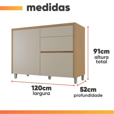 Balcão Gabinete De Cozinha 1,20m 1 Porta 3 Gavetas 100% Mdf Cléo Madeirado/off White Nesher Madeir/off