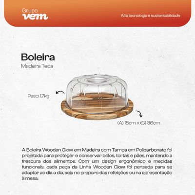 Boleira Wooden Glow 36cm em Madeira Teca com Tampa em Policarbonato