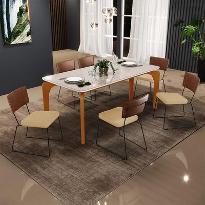 Mesa Capri 160cm Off White E 6 Cadeiras Allana B05 Couríssimo Marrom Linho Bege Escuro - Lyam Decor