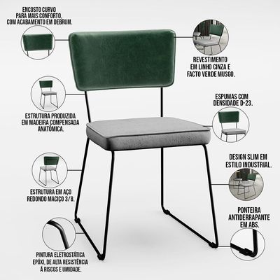 Mesa Capri 160cm Off White E 6 Cadeiras Allana B05 Facto Verde Musgo Linho Cinza - Lyam Decor