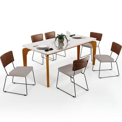 Mesa Capri 160cm Off White Nature E 6 Cadeiras Allana B05 Couríssimo Marrom Linho Bege - Lyam Decor