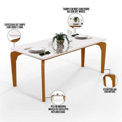 Mesa Capri 160cm Off White Nature E 6 Cadeiras Allana B05 Couríssimo Marrom Linho Bege - Lyam Decor
