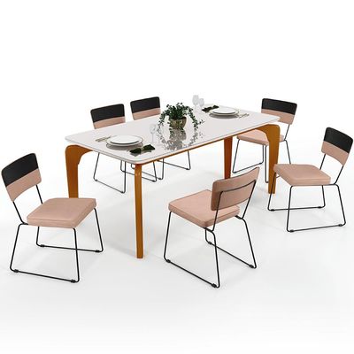 Mesa De Jantar Capri 160 Off White 6 Cadeiras Allana B05 Faixa Corano Preto Linho Rosê - Lyam Decor