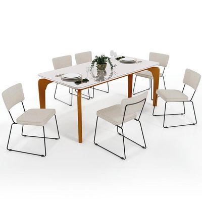 Mesa De Jantar Capri 160cm Off White Nature Com 6 Cadeiras Allana B05 Linho Champagne - Lyam Decor