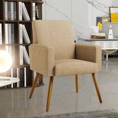 Kit 04 Poltronas Decorativa Para Sala De Estar Maria W01 Pés Palito Linho Bege Escuro - Lyam Decor