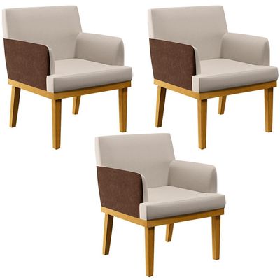 Kit 3 Poltronas Decorativas Para Sala De Estar Beatriz W01 Linho Cru Couríssimo Marrom - Lyam Decor