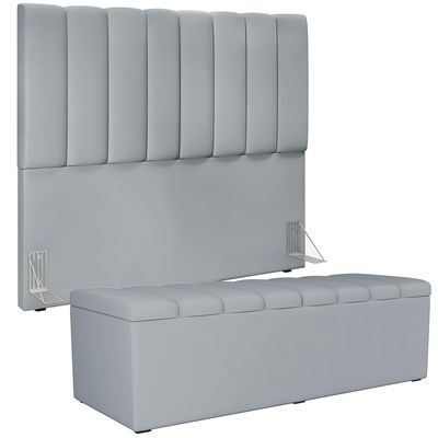 Kit Cabeceira Cama Box Casal 140cm Com Calçadeira Recamier Baú Dália W01 Suede Cinza - Lyam Decor