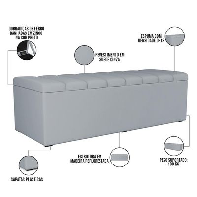 Kit Cabeceira Cama Box Casal 140cm Com Calçadeira Recamier Baú Dália W01 Suede Cinza - Lyam Decor