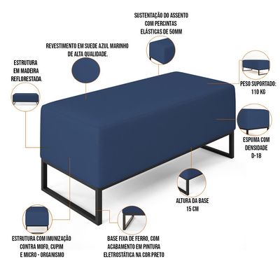 Puff Decorativo Para Sala de Estar Cléo W01 Base de Ferro 90 cm Suede Azul Marinho - Lyam Decor